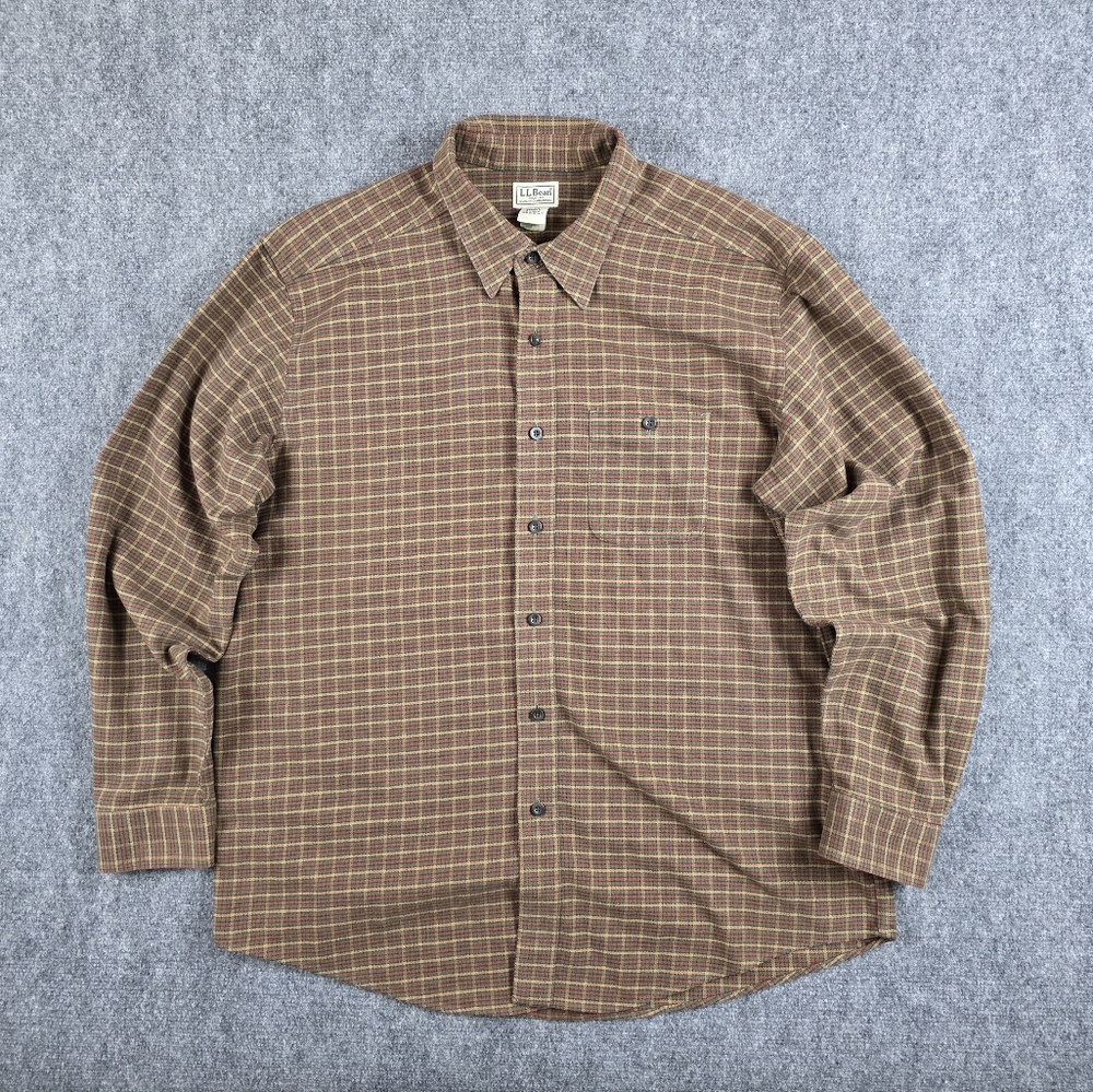 LL BEAN VINTAGE 100% COTTON FLANNEL SHIRT GREEN BROWN PLAID LARGE HEAVYWEIGHT
